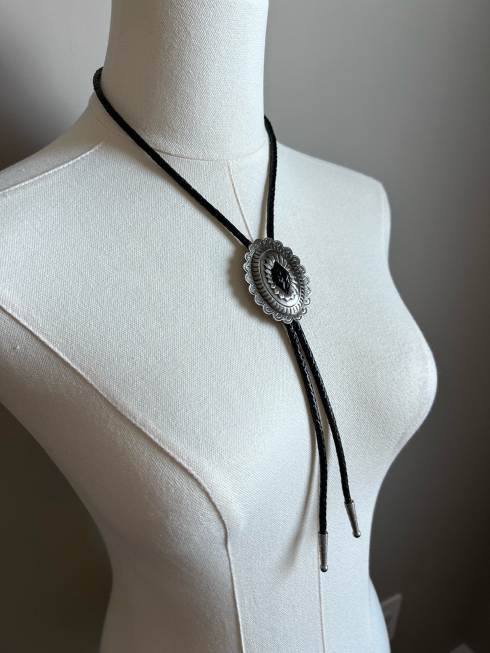 Western cowgirl Black Bolo Tie Necklace with Silver Concho rodeo stampede